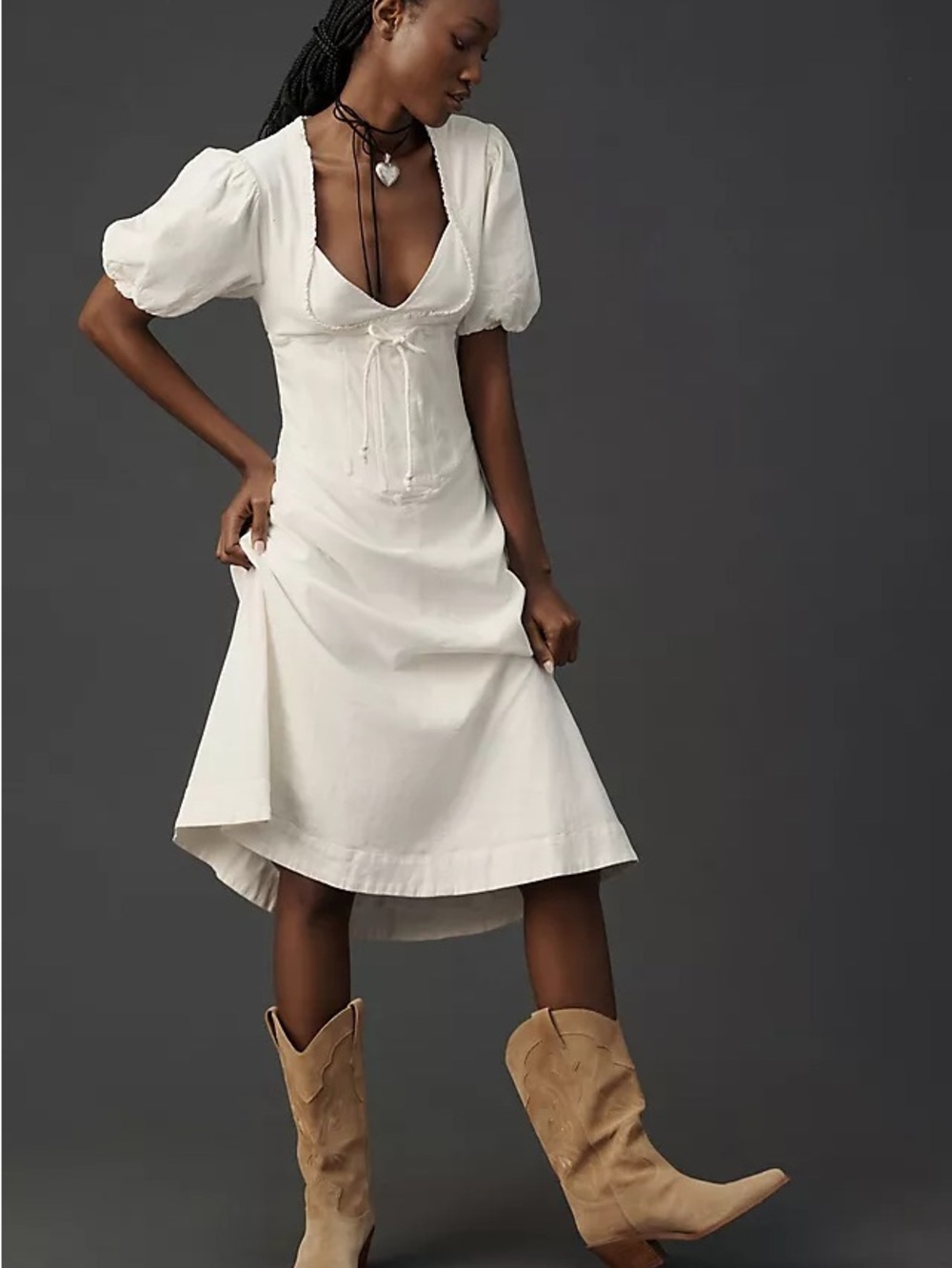 Maeve - Anthropologie - Linen Cream Puff-Sleeve Midi Corset Dress